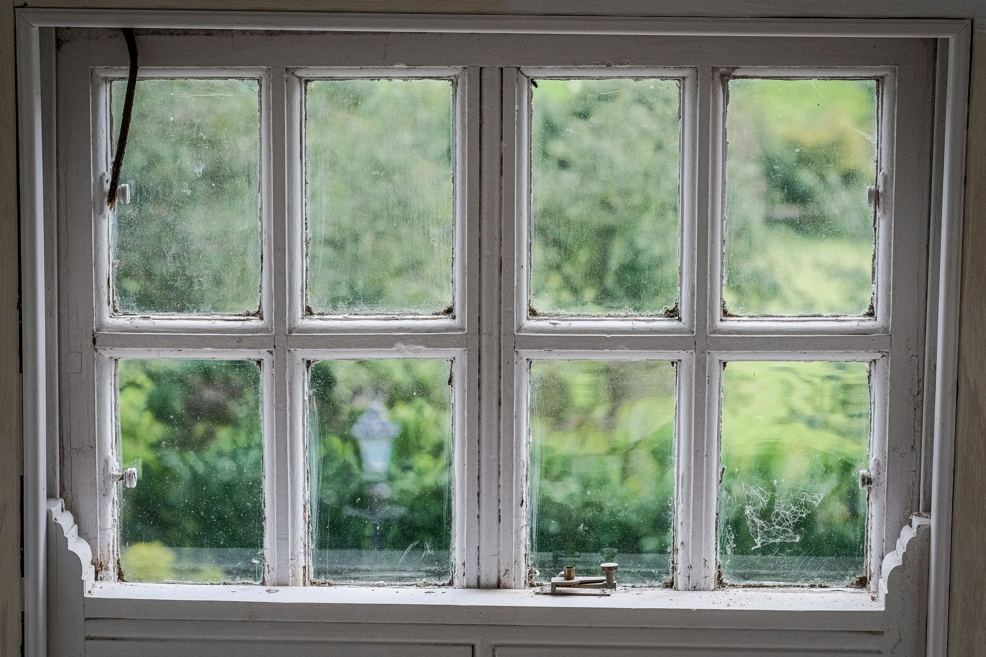 a window with a bird sitting on the window sill